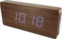 Dřevěný digitální budík se zelenými LED diodami, datem a teploměrem k postavení na stůl nebo pověšení na zeď. Napájecí adaptér je součástí balení..0546 170780 Hodiny