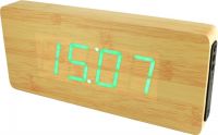 Dřevěný digitální budík se zelenými LED diodami, datem a teploměrem k postavení na stůl nebo pověšení na zeď. Napájecí adaptér je součástí balení..0546 170780 Hodiny