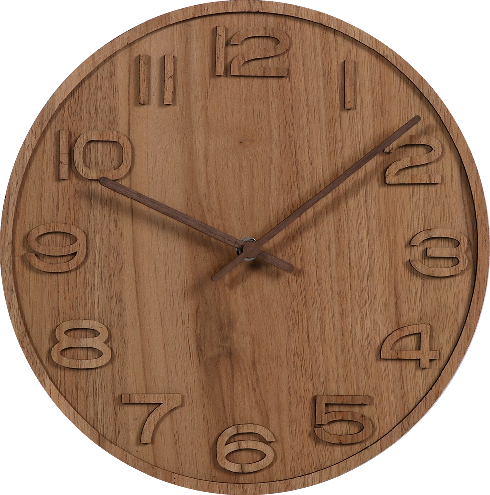 Dřevěné hodiny s vystouplými čísly a dřevěnými ručičkami. U ručiček&nbsp; je nutná vlastní montáž dle přiloženého návodu. V balení je jeden pár dřevěných&nbsp; ručiček..015 3D Wood - E01.3943