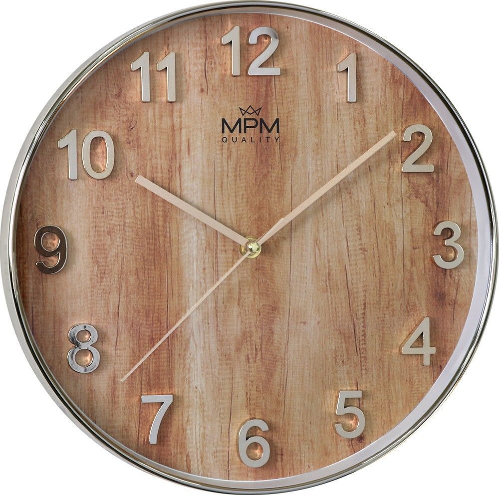 Nástěnné hodiny MPM Wood Style s motivem&nbsp;dřeva a výraznými arabskými číslicemi.&nbsp;.01519 171543 MPM Wood Style - E01.3898
