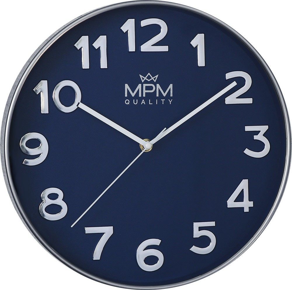 Netradiční modro&nbsp;stříbrné hodiny s čitelnými číslicemi. Moderní hodiny s 3D indexy do všech domácností.&nbsp;.01525 171549 MPM Silver Line