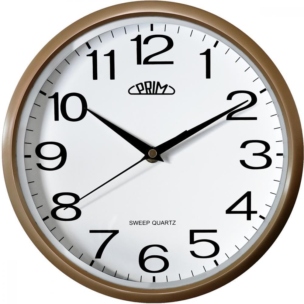 Klasické hodiny PRIM v čistém designu v plastovém provedení s arabskými číslicemi se strojkem s tichým a plynulým chodem..01719 171668 Hodiny