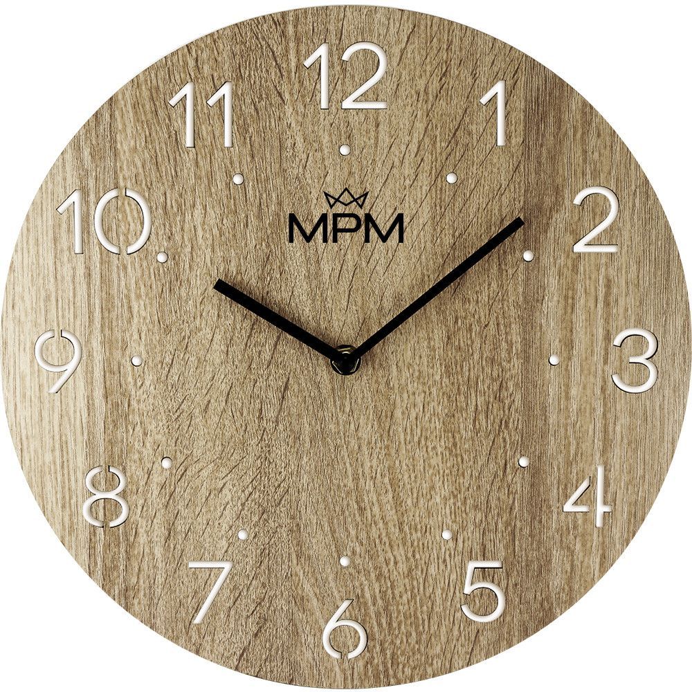 Nástěnné dřevěné hodiny MPM Dotted v přírodním designu s tečkovanými indexy a zřetelnými číslicemi. Strojek Quartz s funkcí plynulý chod. Hodiny jsou zpracované z polotvrdé dřevovl Nástěnné hodiny MPM Dotted - A