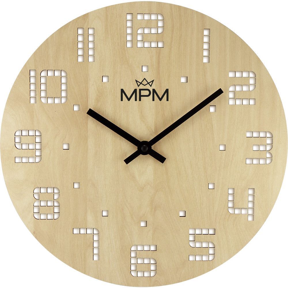Nástěnné dřevěné hodiny MPM Pixel v přírodním designu se čtverečkovanými indexy a číslicemi. Strojek Quartz s funkcí plynulý chod. Hodiny jsou zpracované z polotvrdé dřevovláknité Hodiny