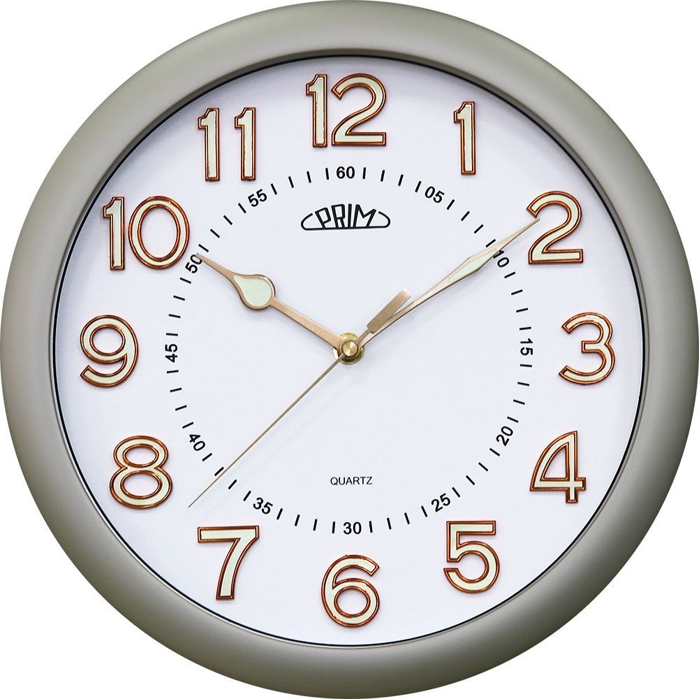 Moderní nástěnné PRIM hodiny s ručičkami a čísly svítícími ve tmě E01P.7301 166616 Nástěnné hodiny PRIM Style I bílá