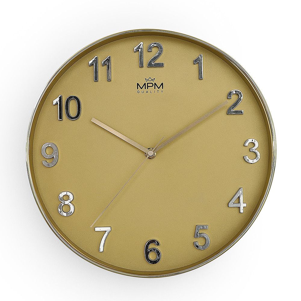 Nástěnné plastové hodiny MPM Golden Simplicity  jsou jednoduché hodiny v luxusních a jasných a blýskavých barvách s číslicemi v 3D provedení. U hodin jsou hlavním výrazným prvkem neje Hodiny