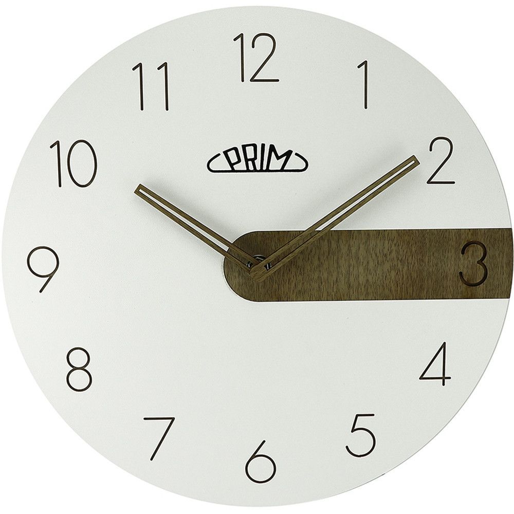 Nástěnné dřevěné hodiny PRIM Clear Timber mají jemný elegatní a tradiční číselník s arabskými číslicemi, které jsou prohloubené do čistě bílého těla. Hodiny jsou vyrobeny z MDF Hodiny