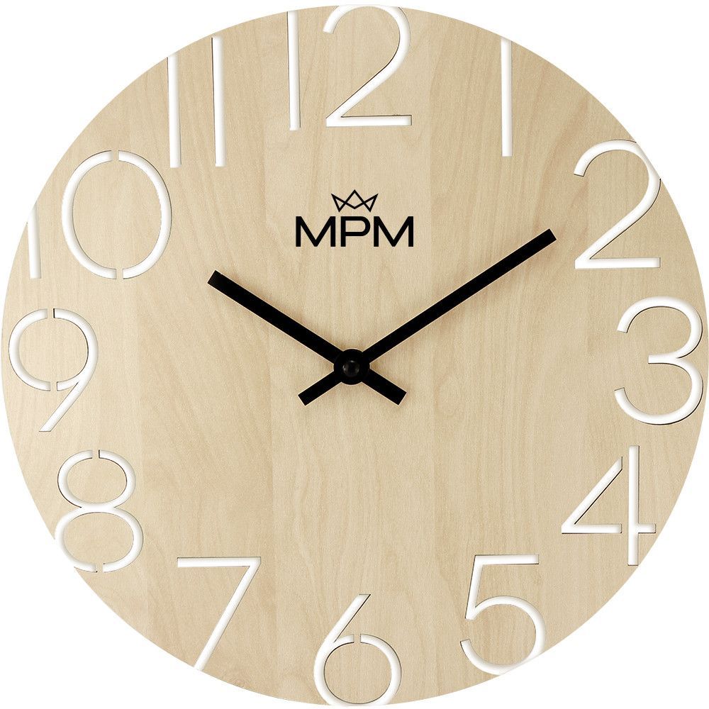 Nástěnné dřevěné hodiny MPM Circle v přírodním designu s nepřehlédnutelnými číslicemi. Strojek Quartz s funkcí plynulý chod. Hodiny jsou zpracované z polotvrdé dřevovláknité desk Nástěnné hodiny MPM Circle - A