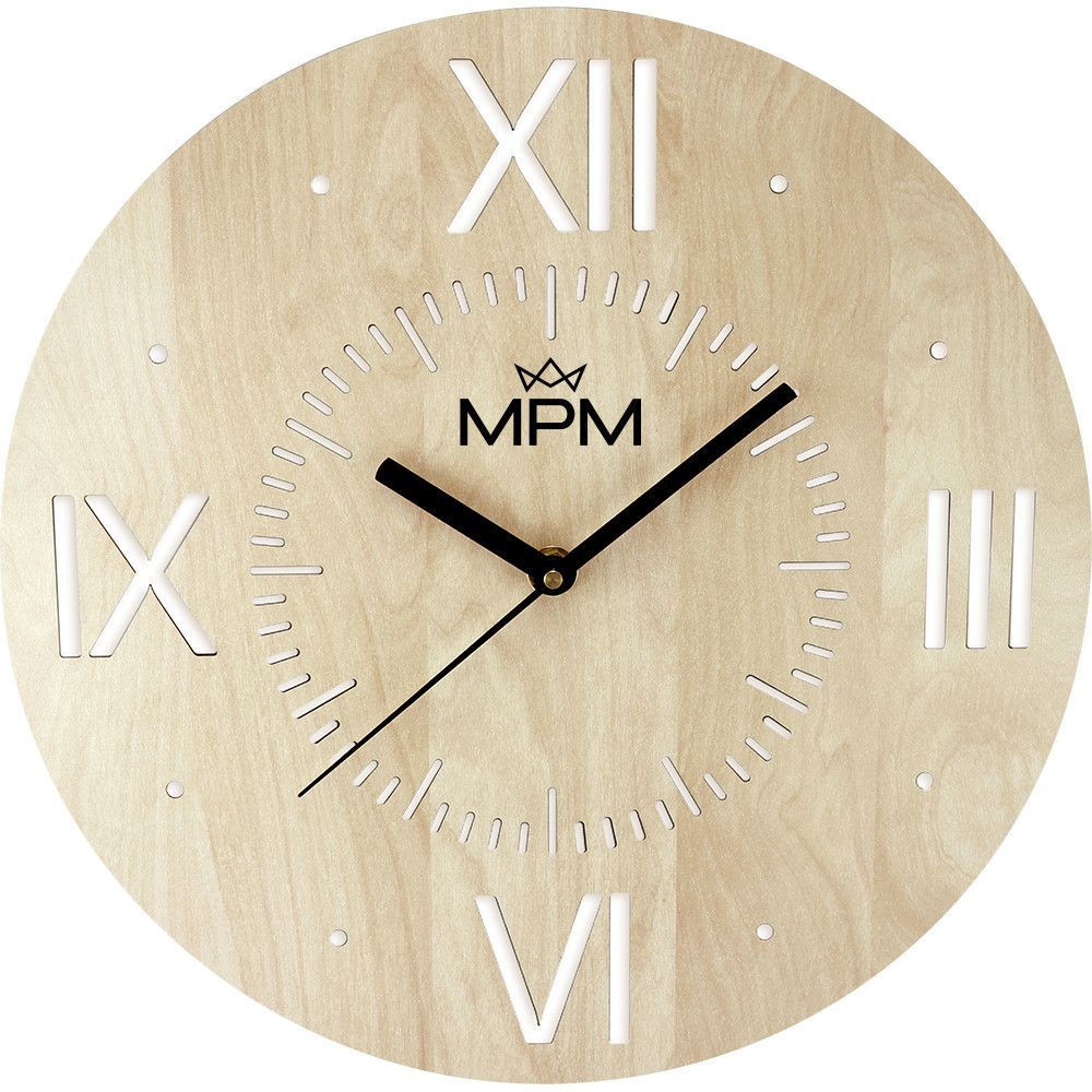 Nástěnné dřevěné hodiny MPM Rome v přírodním designu s nepřehlédnutelnými indexy a římskými číslicemi. Strojek Quartz s funkcí plynulý chod. Hodiny jsou zpracované z polotvrdé d? Nástěnné hodiny MPM Rome - A